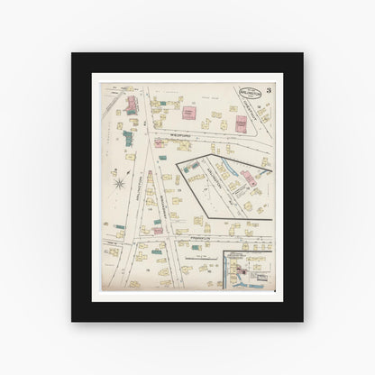 Old map wall art mockup — black gallery frame with white mat — Sanborn Fire Insurance Map from Arlington, Middlesex County, Massachusetts (1885), Sheet #0003