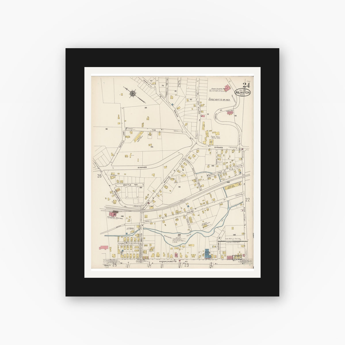 Old map wall art mockup — black gallery frame with white mat — Sanborn Fire Insurance Map from Arlington, Middlesex County, Massachusetts (1922), Sheet #0024
