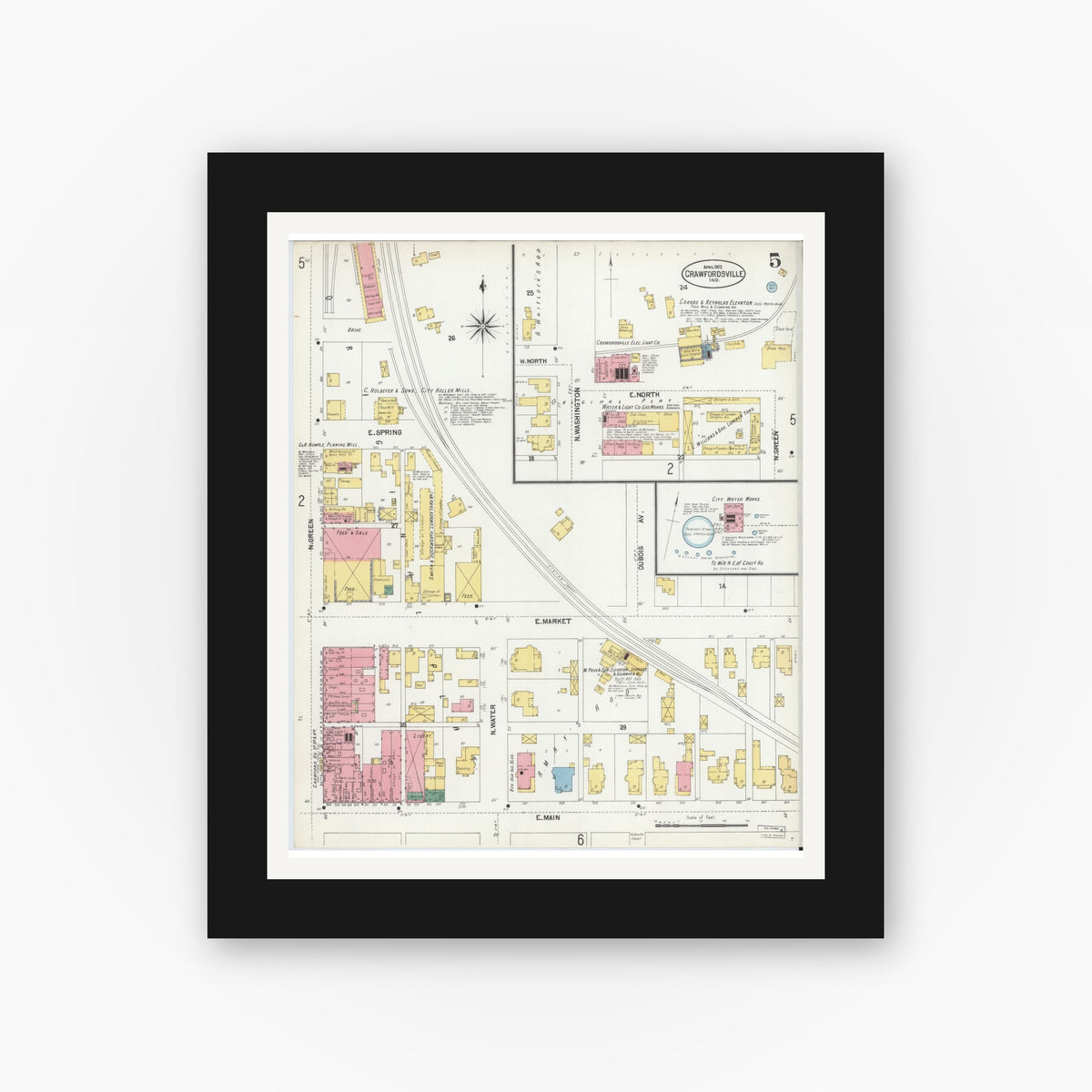 Old map wall art mockup — black gallery frame with white mat — Sanborn Fire Insurance Map from Crawfordsville, Montgomery County, Indiana (1902), Sheet #0005
