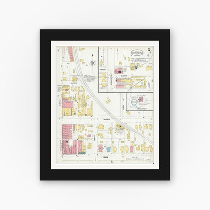 Old map wall art mockup — black gallery frame with white mat — Sanborn Fire Insurance Map from Crawfordsville, Montgomery County, Indiana (1902), Sheet #0005