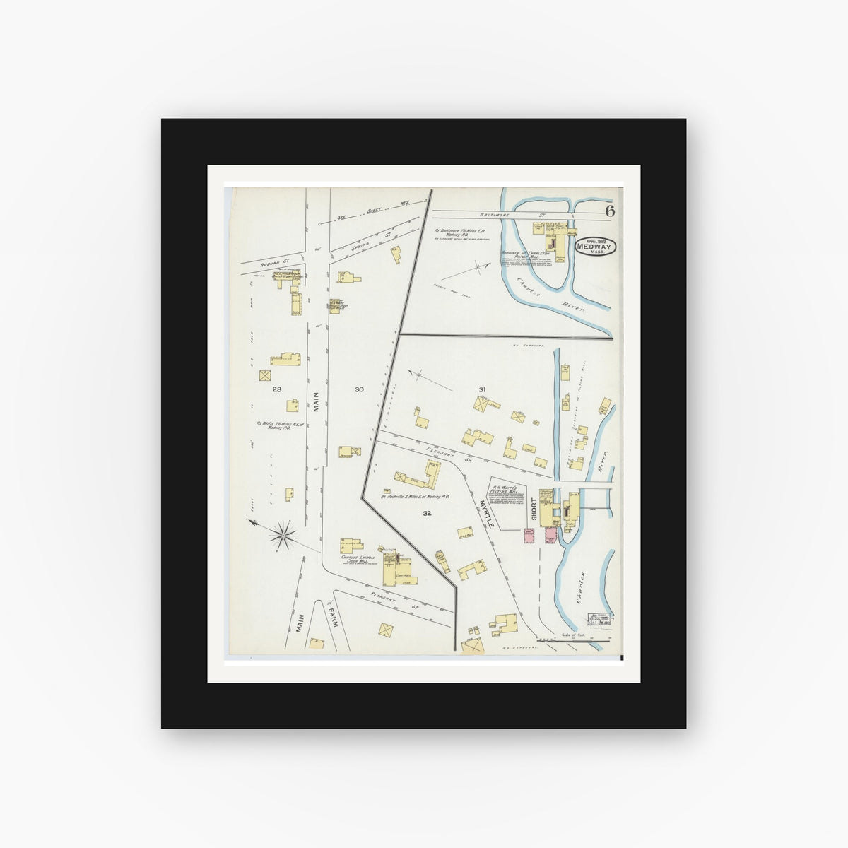 Old map wall art mockup — black gallery frame with white mat — Sanborn Fire Insurance Map from Medway, Norfolk County, Massachusetts (1892), Sheet #0006