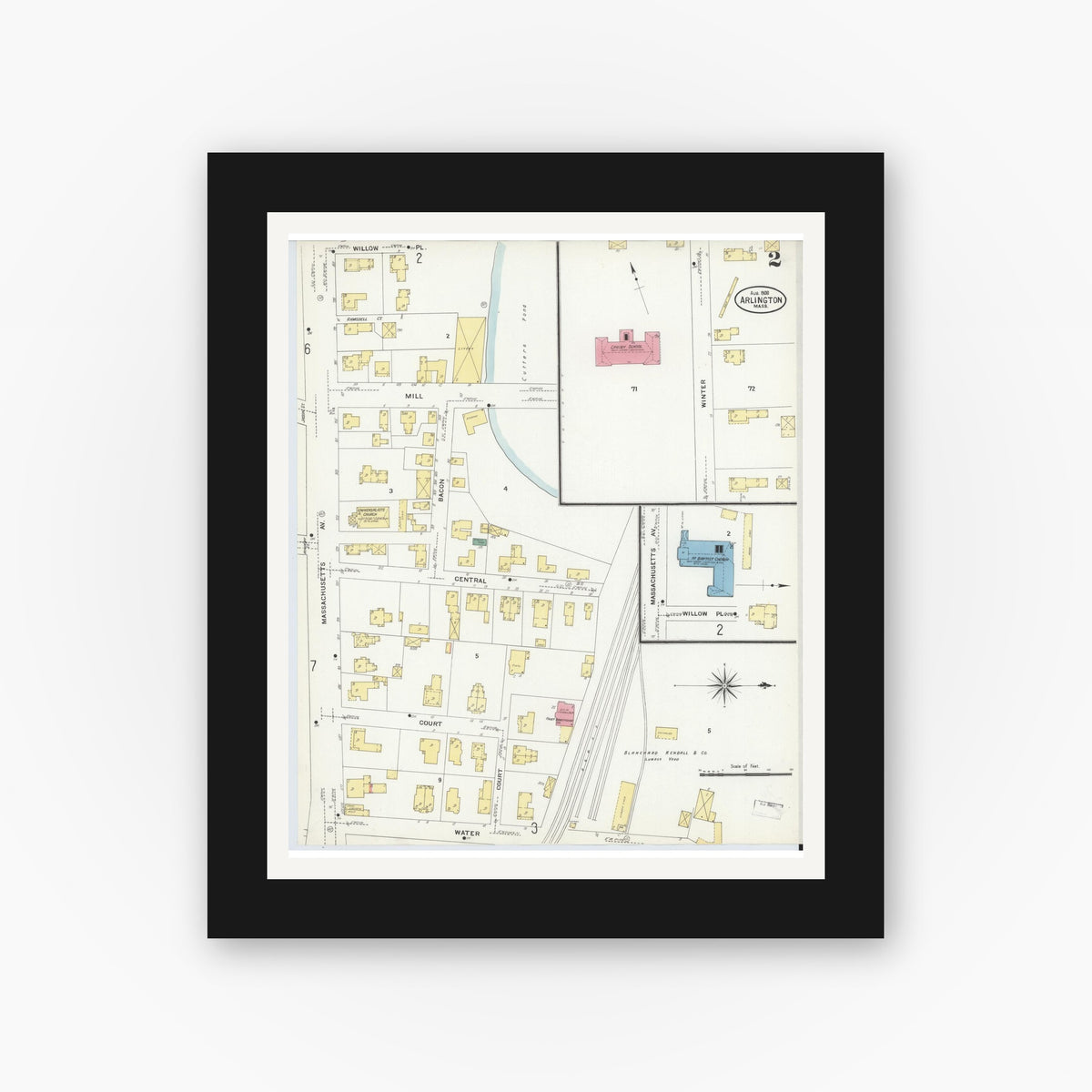 Old map wall art mockup — black gallery frame with white mat — Sanborn Fire Insurance Map from Arlington, Middlesex County, Massachusetts (1908), Sheet #0002