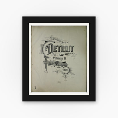Old map wall art mockup — black gallery frame with white mat — Sanborn Fire Insurance Map from Detroit, Wayne County, Michigan (1929), Sheet #0001