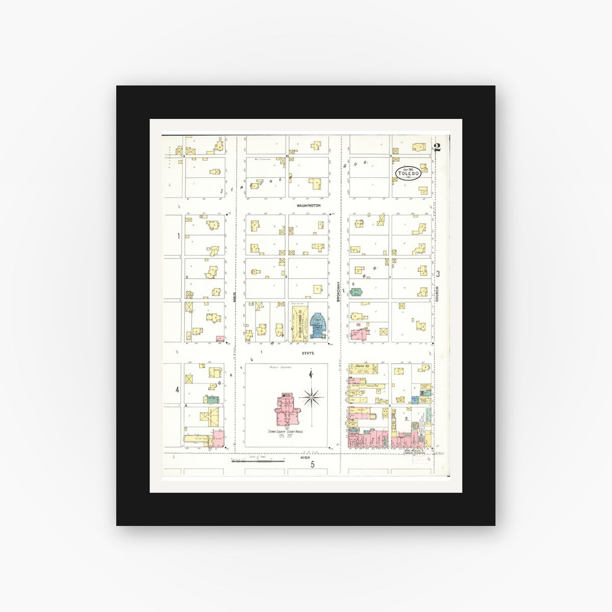 Old map wall art mockup — black gallery frame with white mat — Sanborn Fire Insurance Map from Toledo, Tama County, Iowa (1906), Sheet #0002