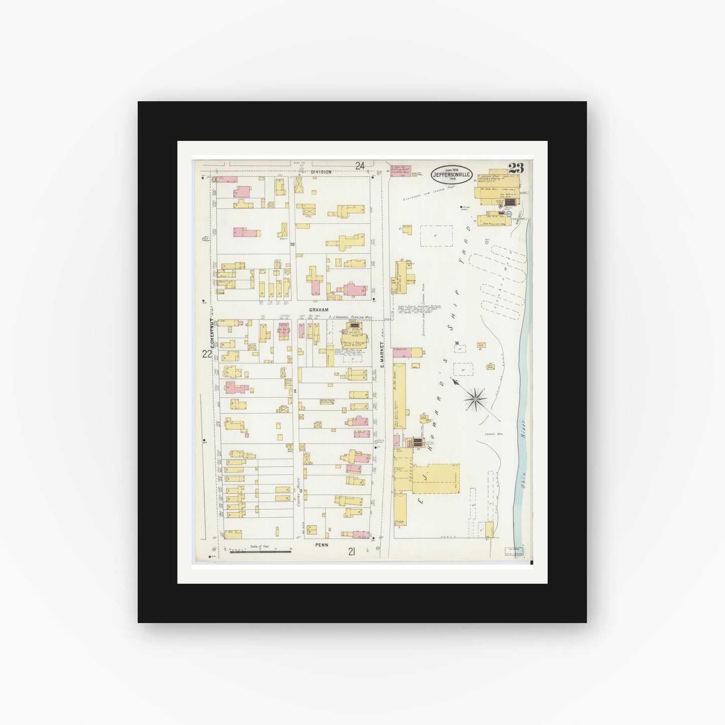 Old map wall art mockup — black gallery frame with white mat — Sanborn Fire Insurance Map from Jeffersonville, Clark County, Indiana (1898), Sheet #0023