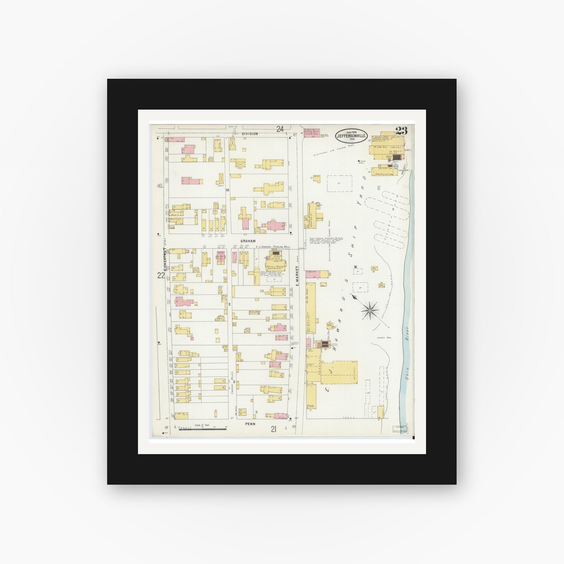 Old map wall art mockup — black gallery frame with white mat — Sanborn Fire Insurance Map from Jeffersonville, Clark County, Indiana (1898), Sheet #0023
