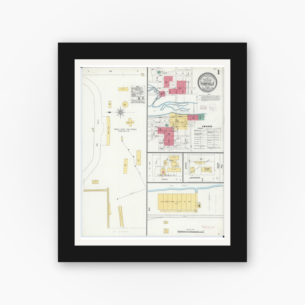 Old map wall art mockup — black gallery frame with white mat — Sanborn Fire Insurance Map from Yorkville, Kendall County, Illinois (1905), Sheet #0001