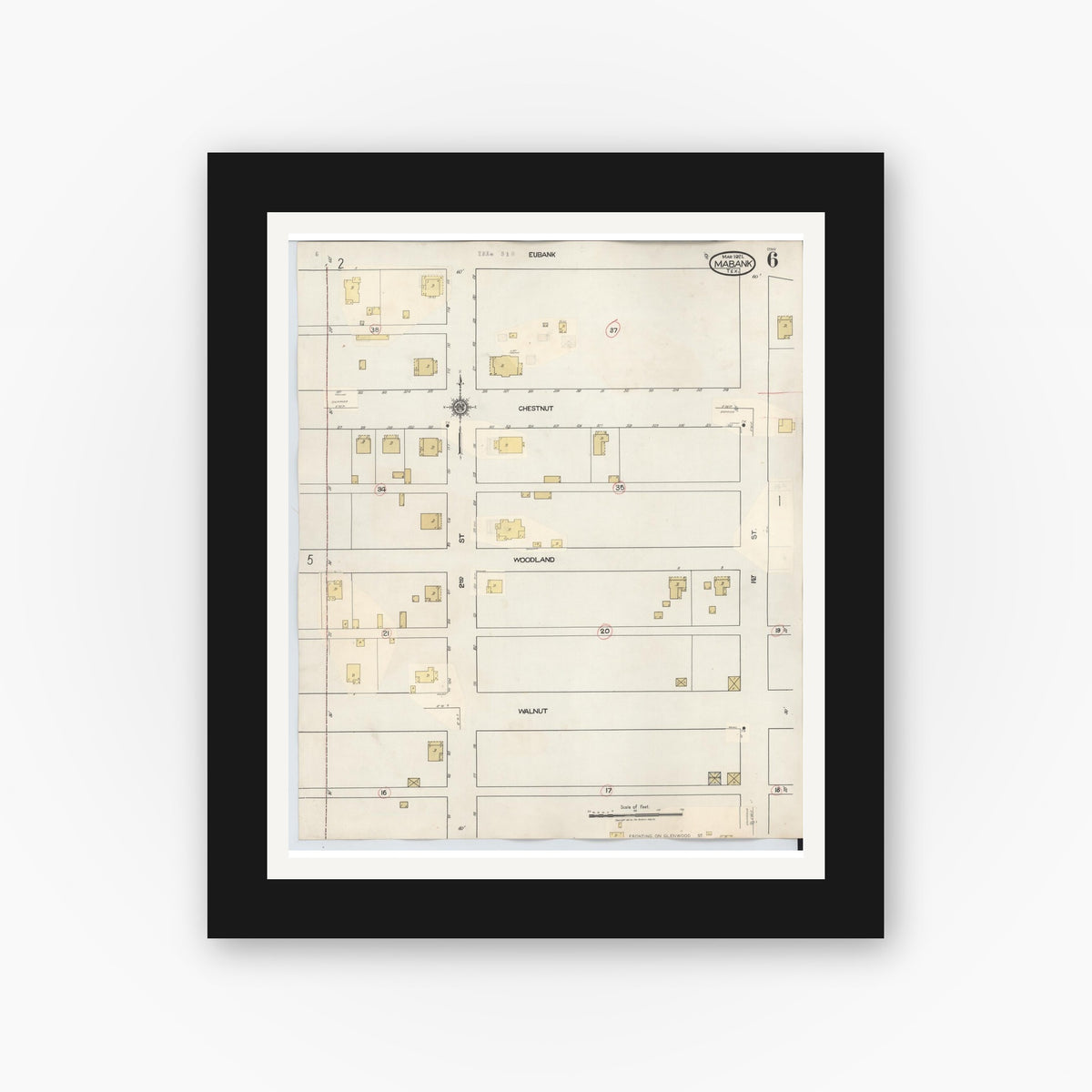 Old map wall art mockup — black gallery frame with white mat — Sanborn Fire Insurance Map from Mabank, Kaufman County, Texas (1934), Sheet #0006