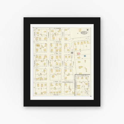 Old map wall art mockup — black gallery frame with white mat — Sanborn Fire Insurance Map from Monticello, Piatt County, Illinois (1915), Sheet #0006