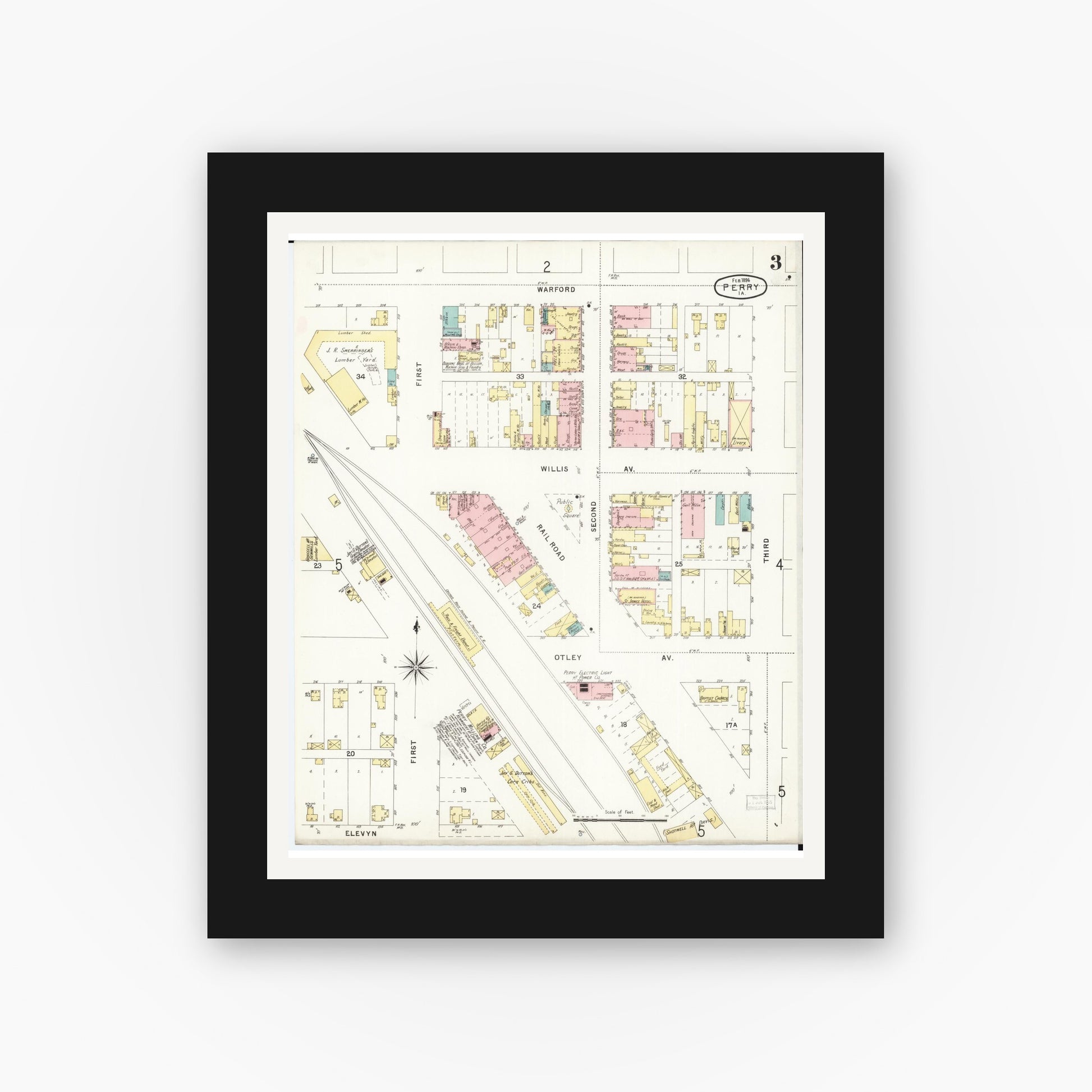 Old map wall art mockup — black gallery frame with white mat — Sanborn Fire Insurance Map from Perry, Dallas County, Iowa (1896), Sheet #0003