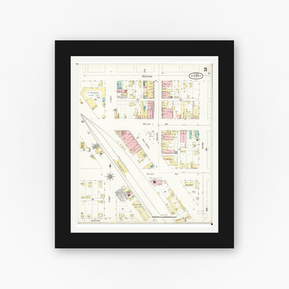 Old map wall art mockup — black gallery frame with white mat — Sanborn Fire Insurance Map from Perry, Dallas County, Iowa (1896), Sheet #0003