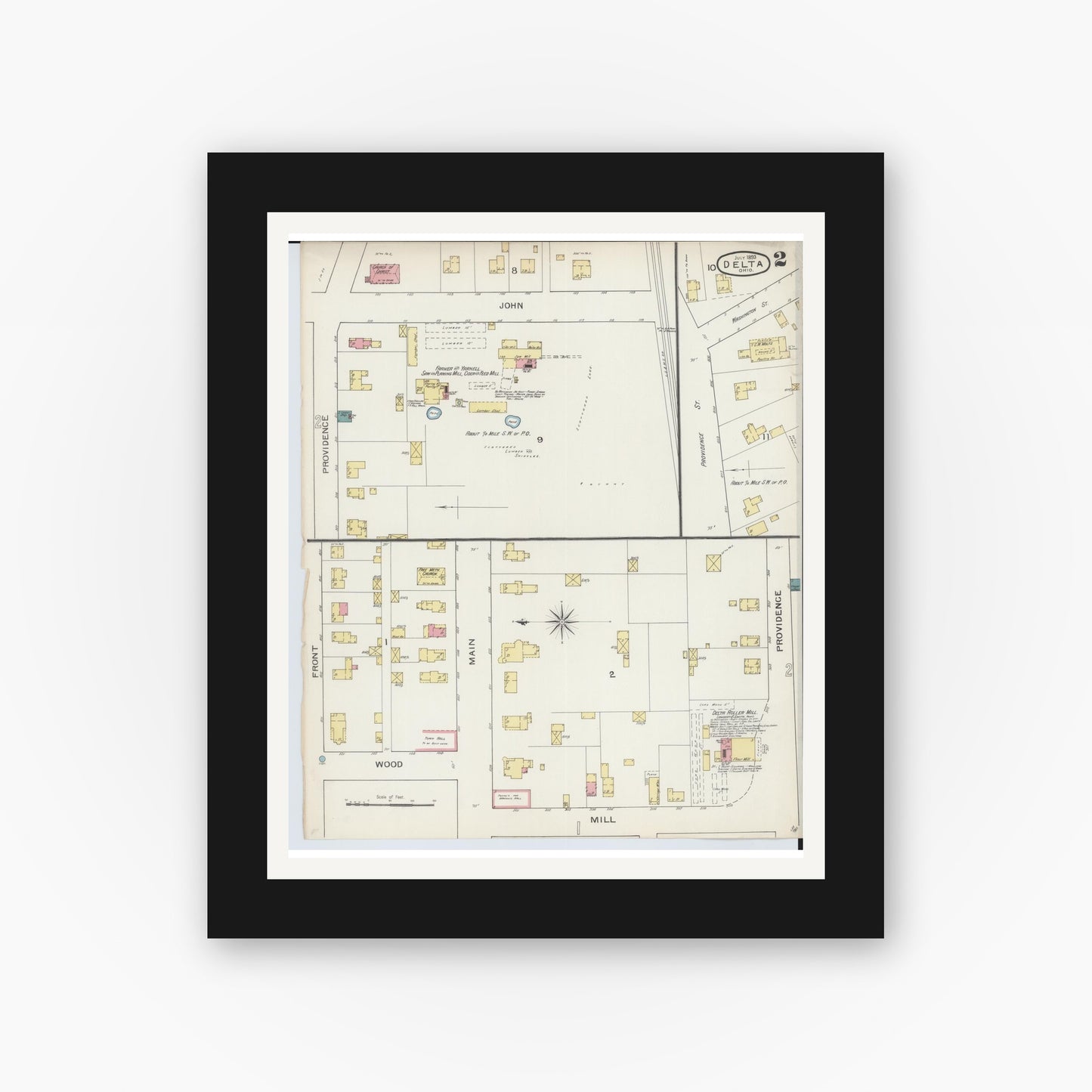 Old map wall art mockup — black gallery frame with white mat — Sanborn Fire Insurance Map from Delta, Fulton County, Ohio (1893), Sheet #0002