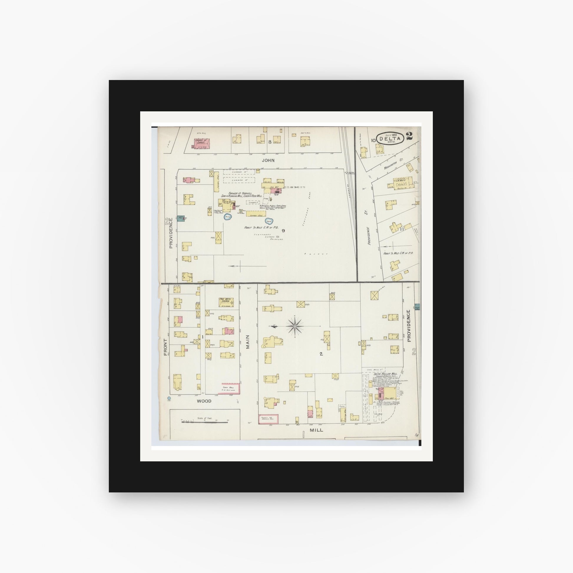 Old map wall art mockup — black gallery frame with white mat — Sanborn Fire Insurance Map from Delta, Fulton County, Ohio (1893), Sheet #0002
