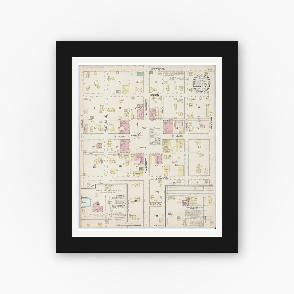 Old map wall art mockup — black gallery frame with white mat — Sanborn Fire Insurance Map from Marion, Williamson County, Illinois (1886), Sheet #0001