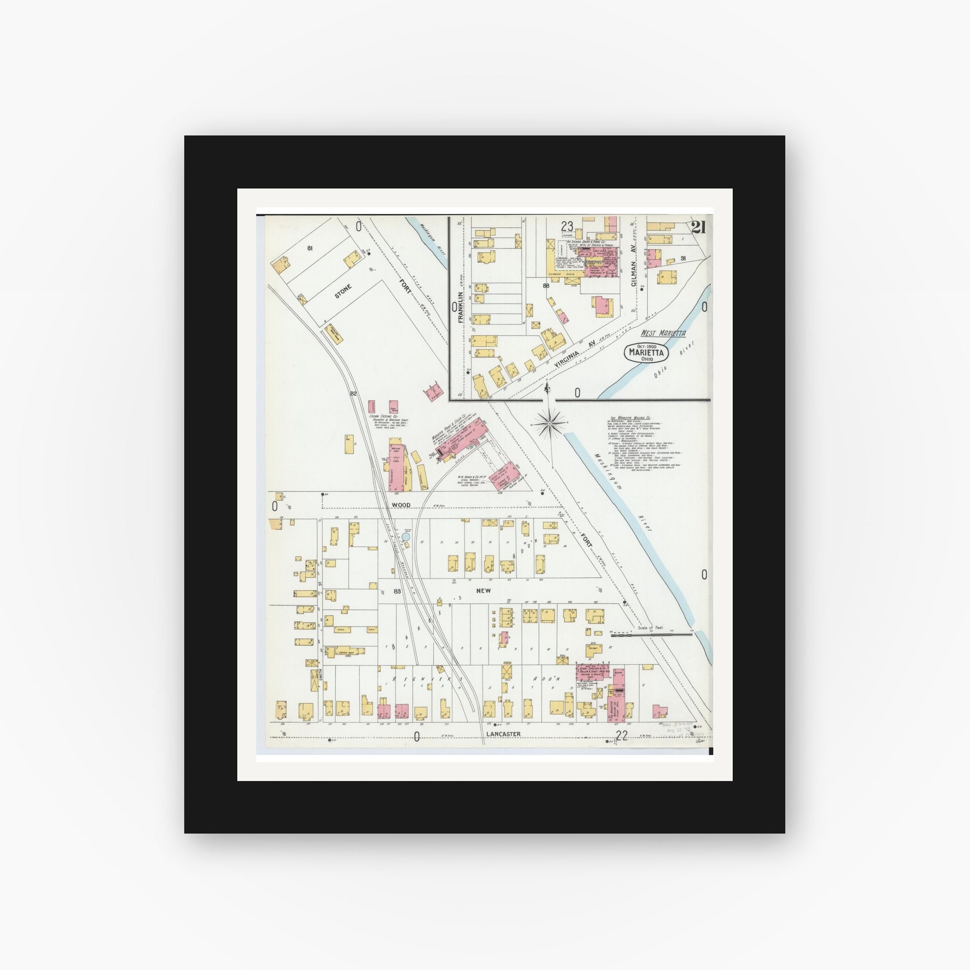 Old map wall art mockup — black gallery frame with white mat — Sanborn Fire Insurance Map from Marietta, Washington County, Ohio (1900), Sheet #0021