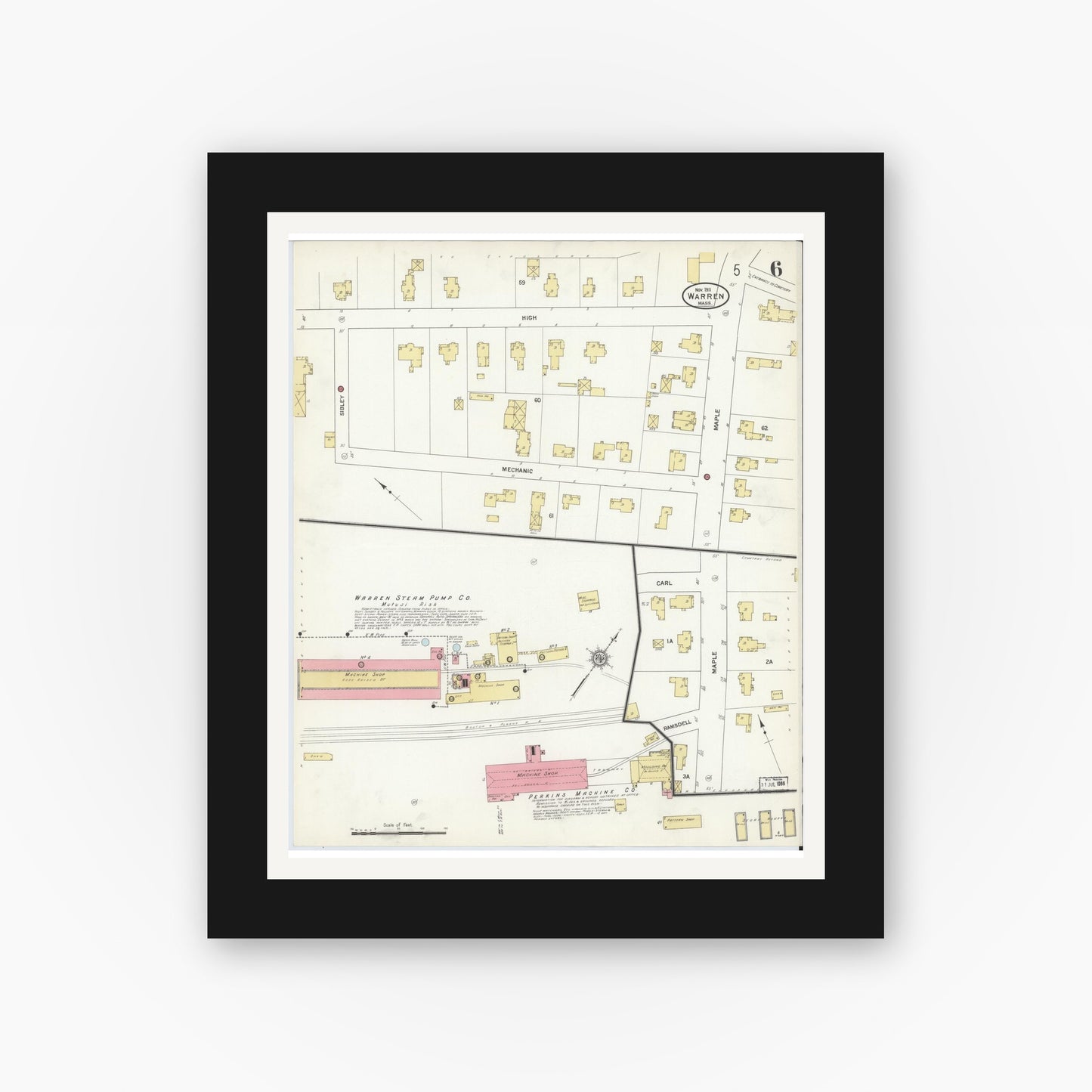 Old map wall art mockup — black gallery frame with white mat — Sanborn Fire Insurance Map from Warren, Worcester County, Massachusetts (1911), Sheet #0006