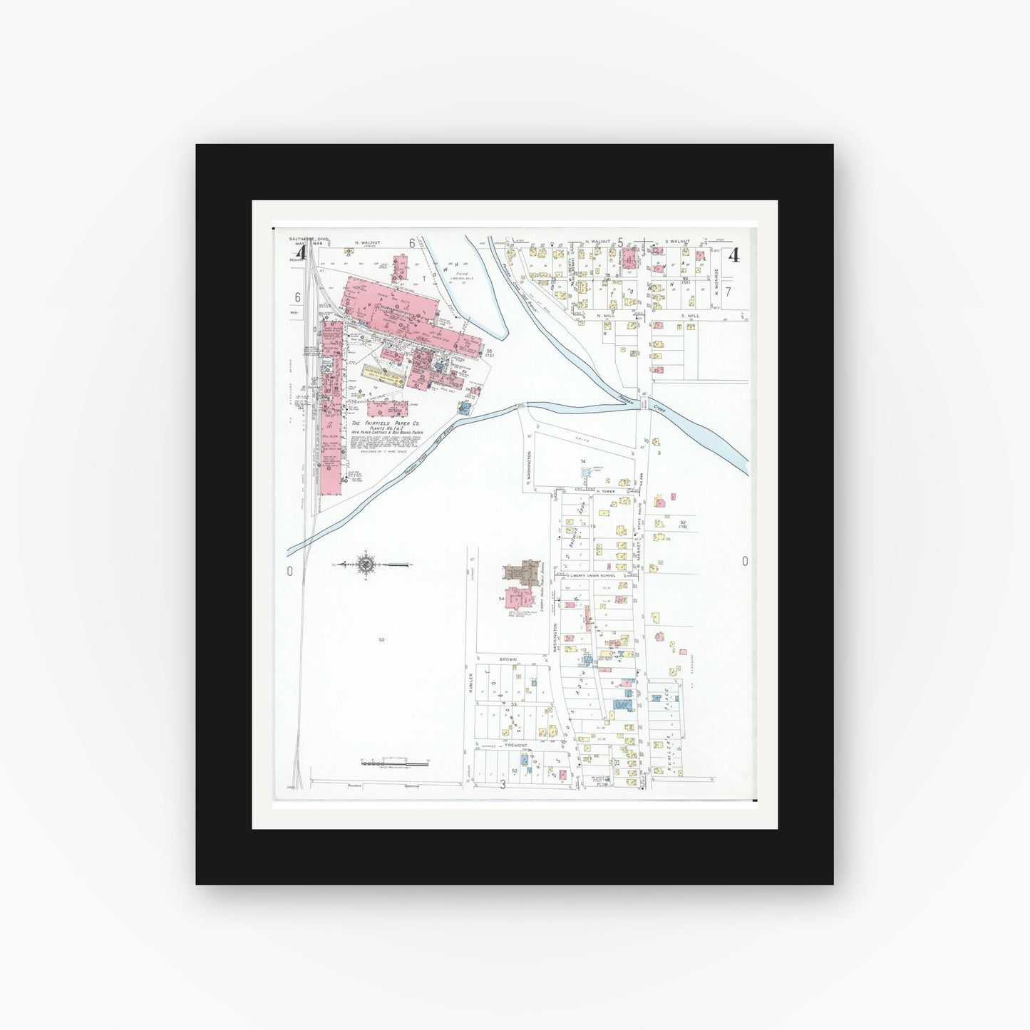 Old map wall art mockup — black gallery frame with white mat — Sanborn Fire Insurance Map from Baltimore, Fairfield County, Ohio (1946), Sheet #0004