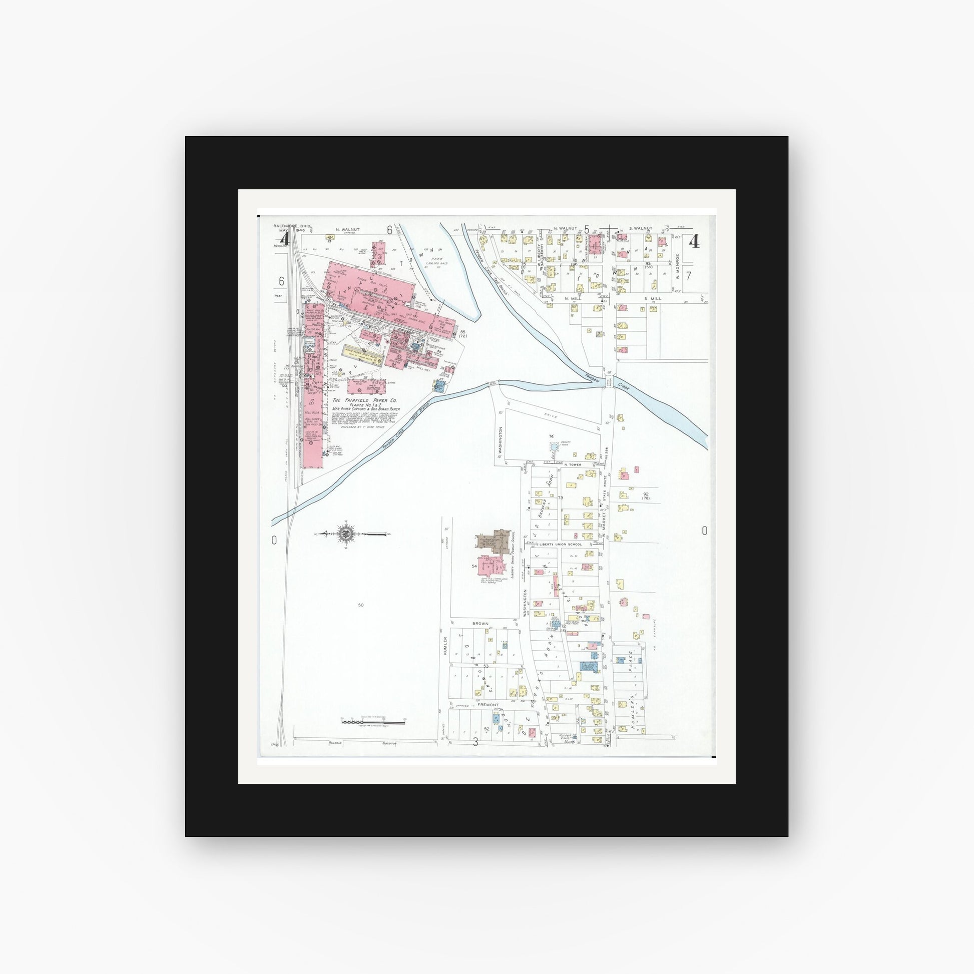 Old map wall art mockup — black gallery frame with white mat — Sanborn Fire Insurance Map from Baltimore, Fairfield County, Ohio (1946), Sheet #0004