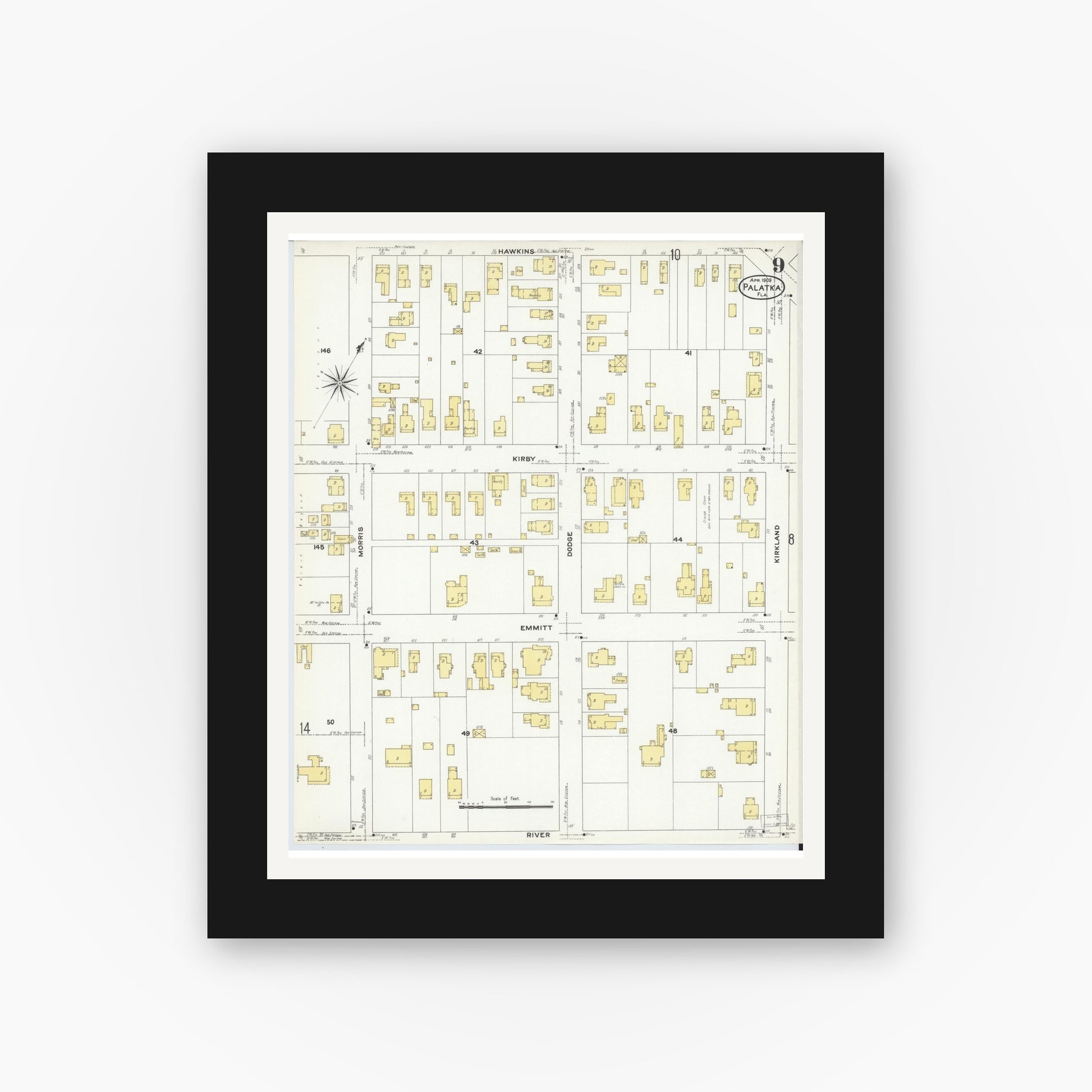 Old map wall art mockup — black gallery frame with white mat — Sanborn Fire Insurance Map from Palatka, Putnam County, Florida (1909), Sheet #0009