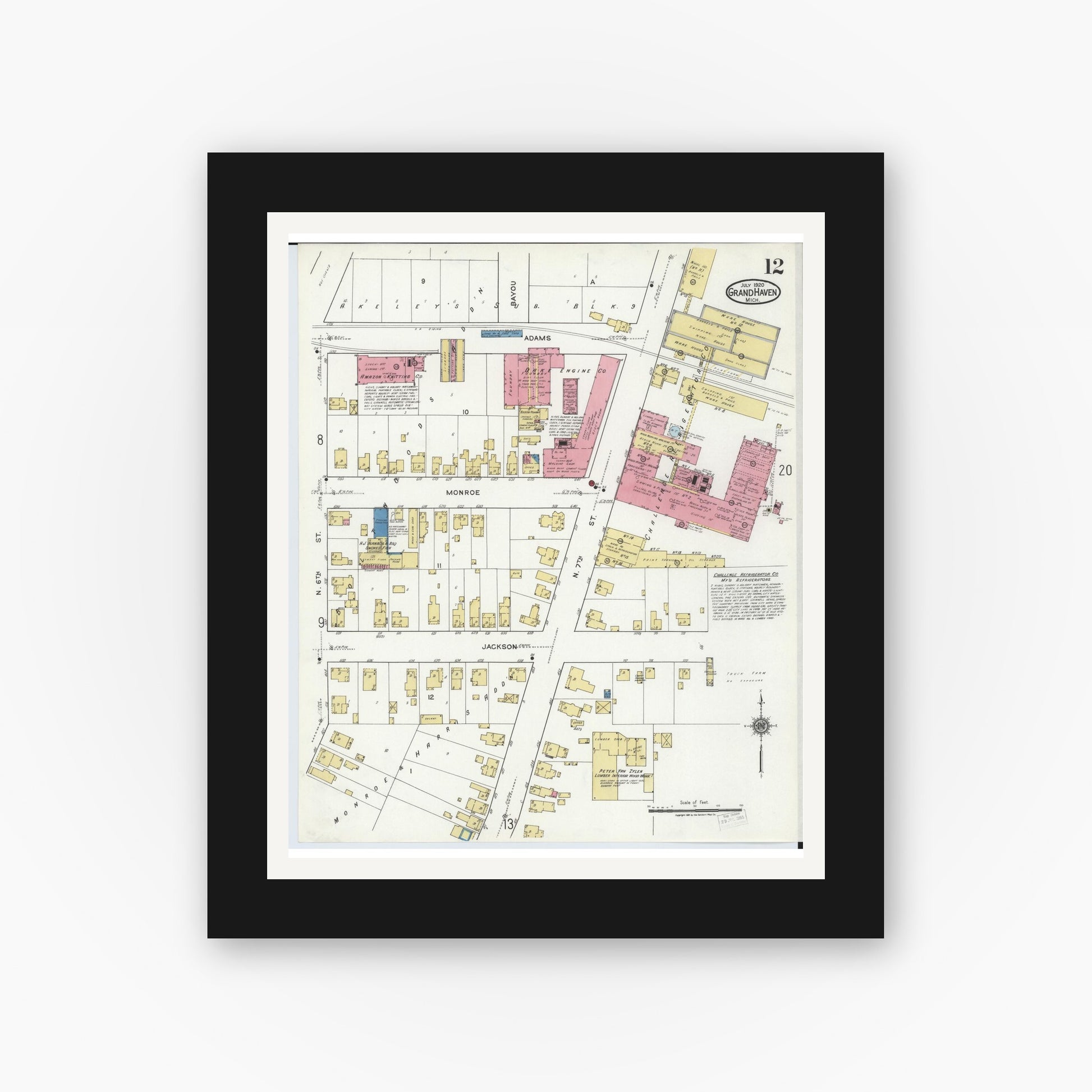 Old map wall art mockup — black gallery frame with white mat — Sanborn Fire Insurance Map from Grand Haven, Ottawa County, Michigan (1920), Sheet #0012