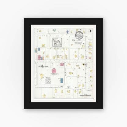 Old map wall art mockup — black gallery frame with white mat — Sanborn Fire Insurance Map from Morrisville, Polk County, Missouri (1917) - Complete Map Set
