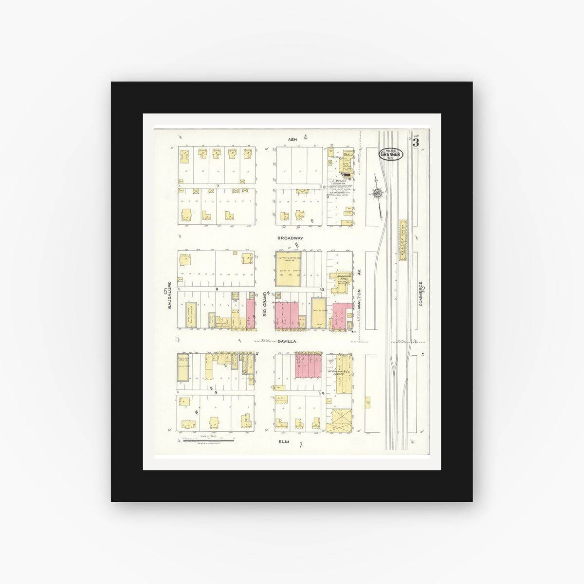Old map wall art mockup — black gallery frame with white mat — Sanborn Fire Insurance Map from Granger, Williamson County, Texas (1921), Sheet #0003