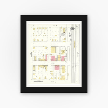 Old map wall art mockup — black gallery frame with white mat — Sanborn Fire Insurance Map from Granger, Williamson County, Texas (1921), Sheet #0003
