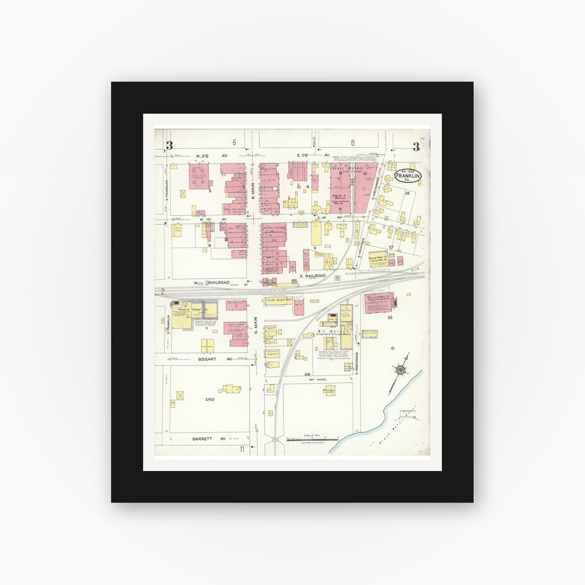 Old map wall art mockup — black gallery frame with white mat — Sanborn Fire Insurance Map from Franklin, Independent Cities, Virginia (1923), Sheet #0003