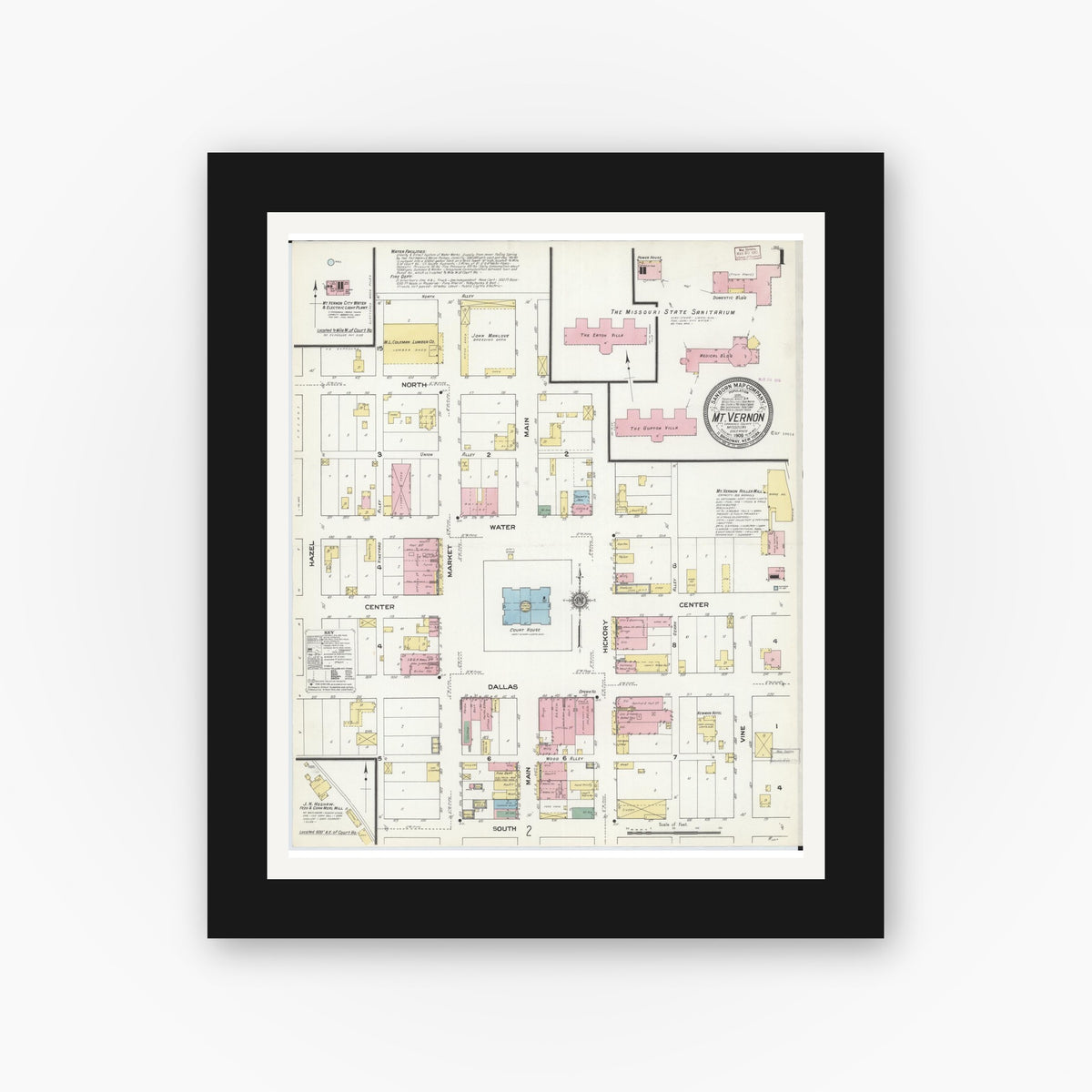 Old map wall art mockup — black gallery frame with white mat — Sanborn Fire Insurance Map from Mount Vernon, Lawrence County, Missouri (1909) - Complete Map Set