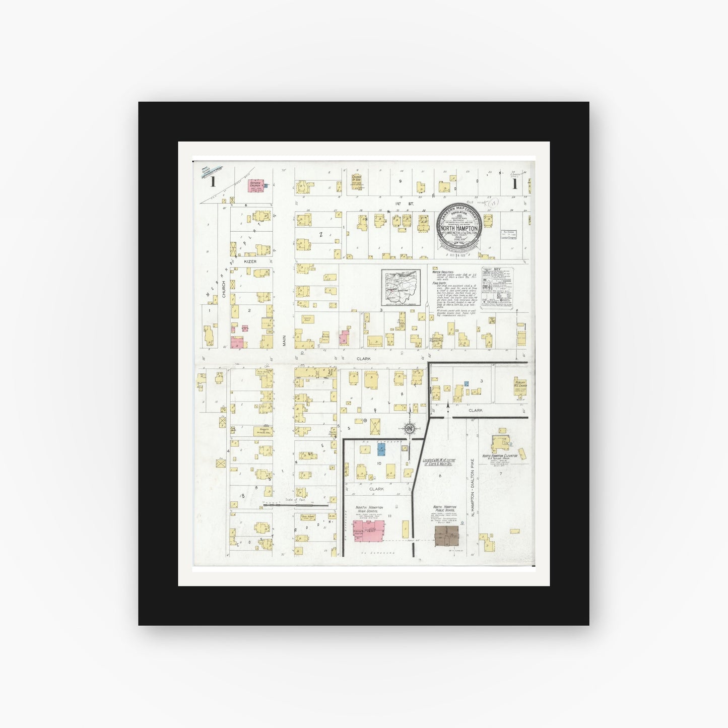 Old map wall art mockup — black gallery frame with white mat — Sanborn Fire Insurance Map from North Hampton, Clark County, Ohio (1928), Sheet #0001
