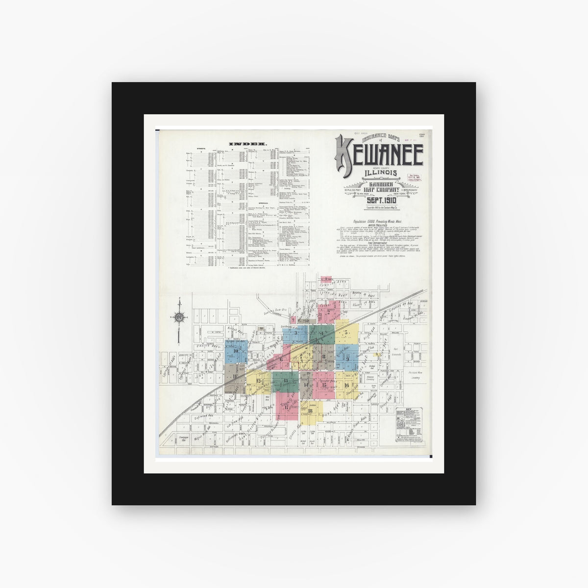 Old map wall art mockup — black gallery frame with white mat — Sanborn Fire Insurance Map from Kewanee, Henry County, Illinois (1910) - Complete Map Set
