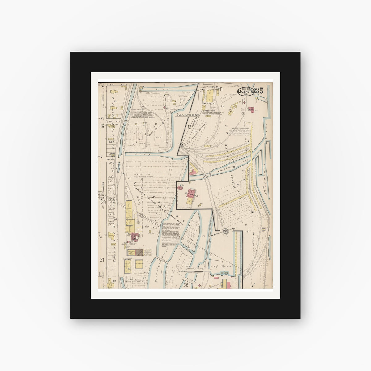 Old map wall art mockup — black gallery frame with white mat — Sanborn Fire Insurance Map from Marinette, Marinette County, Wisconsin (1921), Sheet #0035