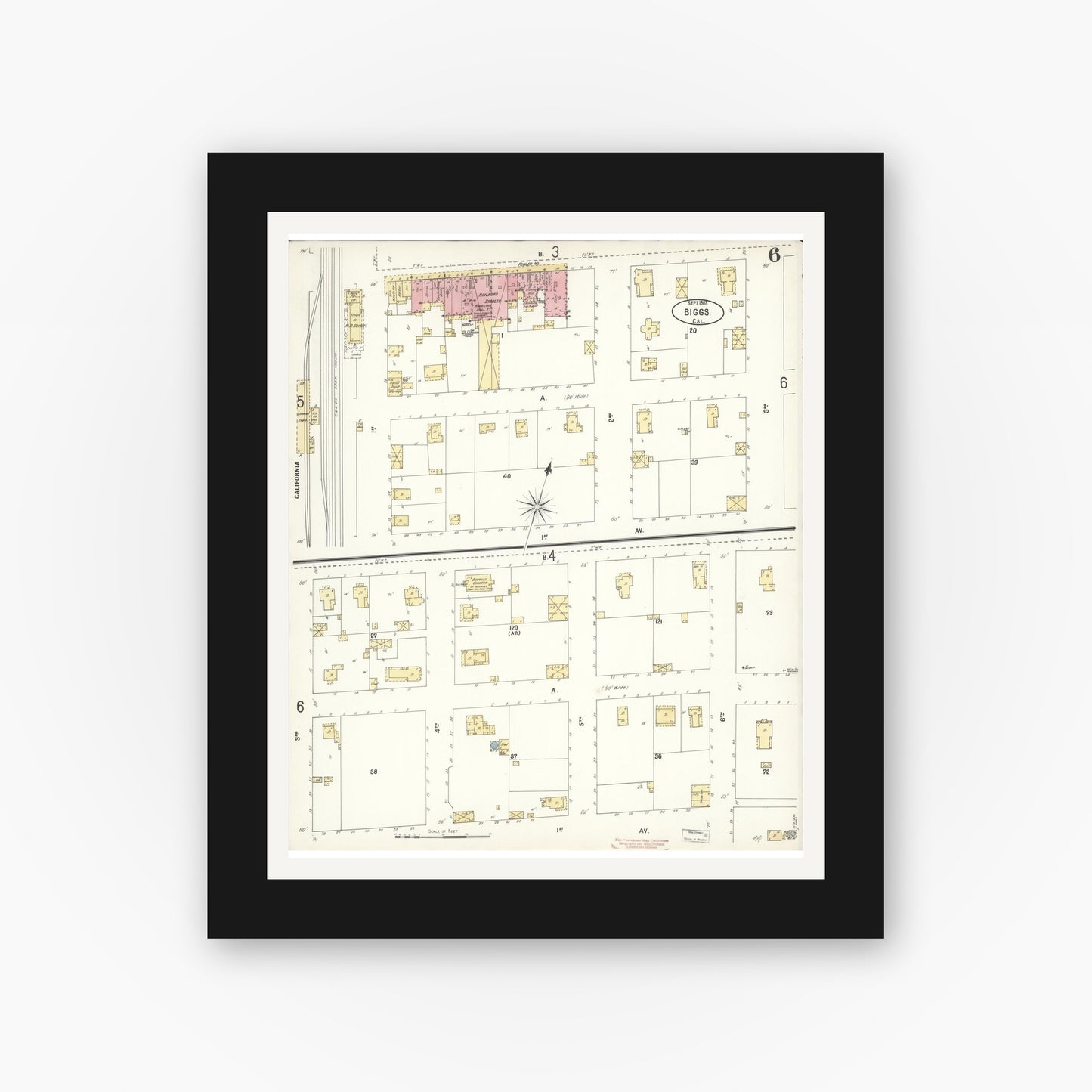 Old map wall art mockup — black gallery frame with white mat — Sanborn Fire Insurance Map from Biggs, Butte County, California (1902), Sheet #0006
