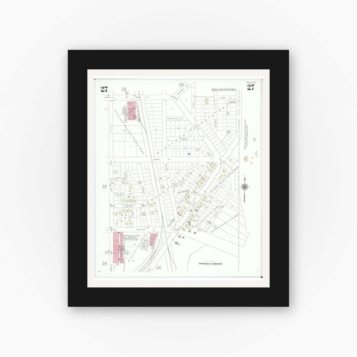 Old map wall art mockup — black gallery frame with white mat — Sanborn Fire Insurance Map from Beloit, Rock County, Wisconsin (1939), Sheet #0027