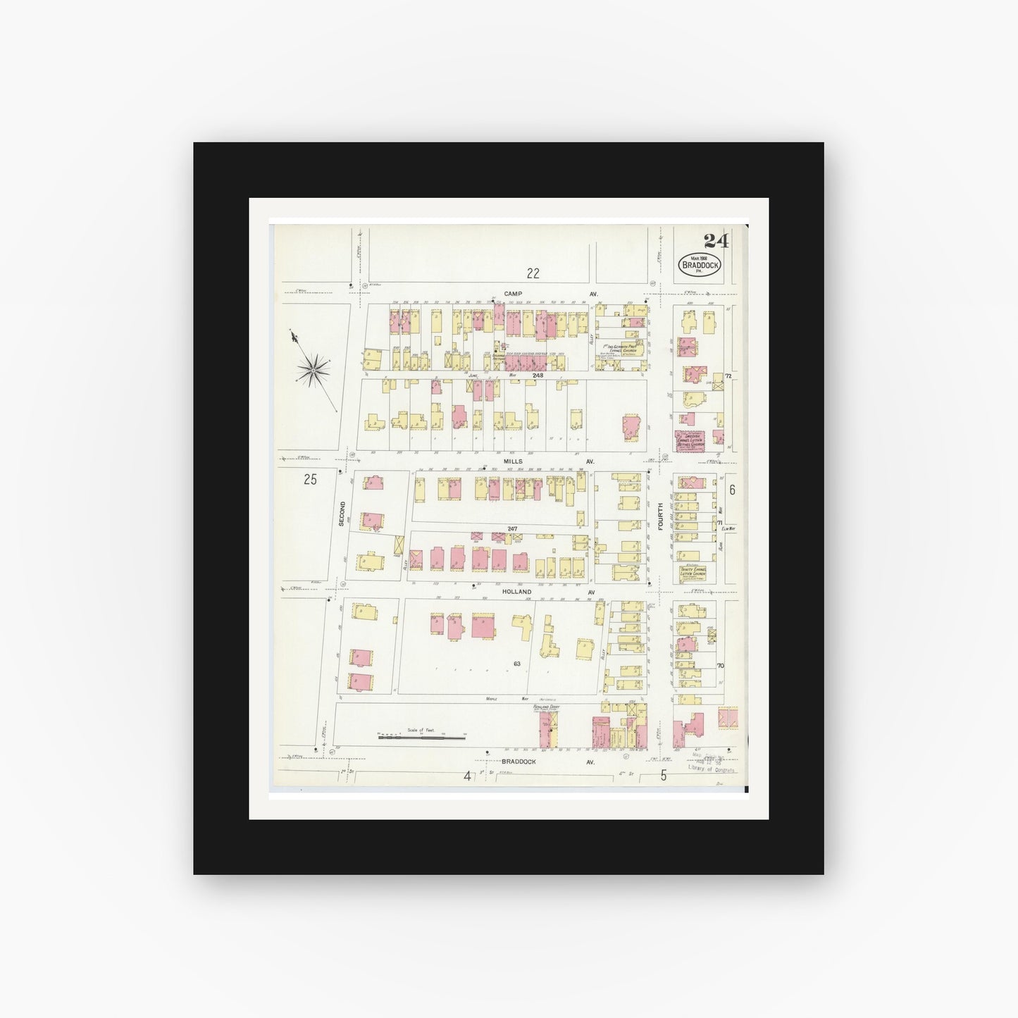 Old map wall art mockup — black gallery frame with white mat — Sanborn Fire Insurance Map from Braddock, Allegheny County, Pennsylvania (1908), Sheet #0024