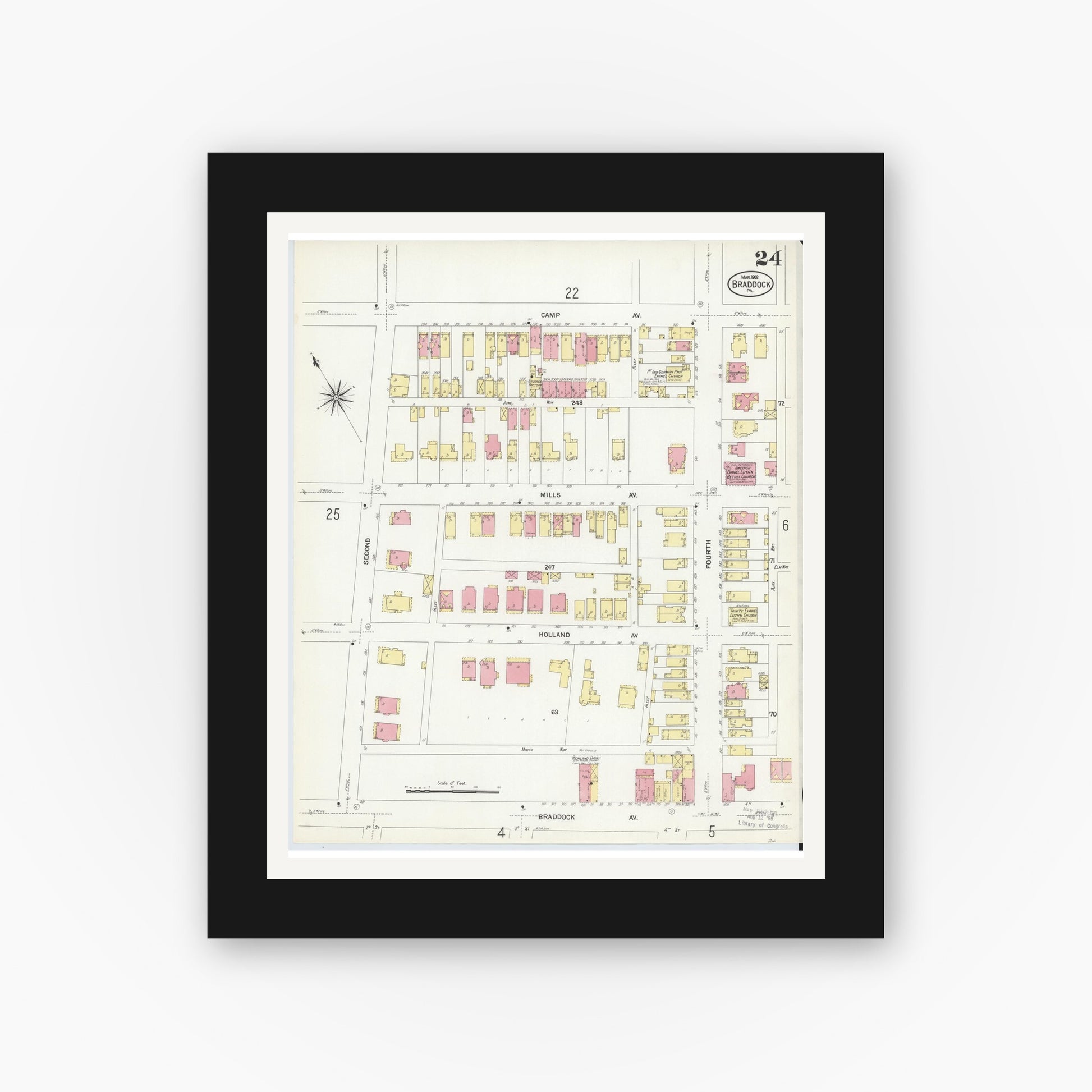 Old map wall art mockup — black gallery frame with white mat — Sanborn Fire Insurance Map from Braddock, Allegheny County, Pennsylvania (1908), Sheet #0024