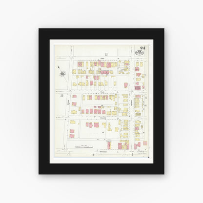 Old map wall art mockup — black gallery frame with white mat — Sanborn Fire Insurance Map from Braddock, Allegheny County, Pennsylvania (1908), Sheet #0024