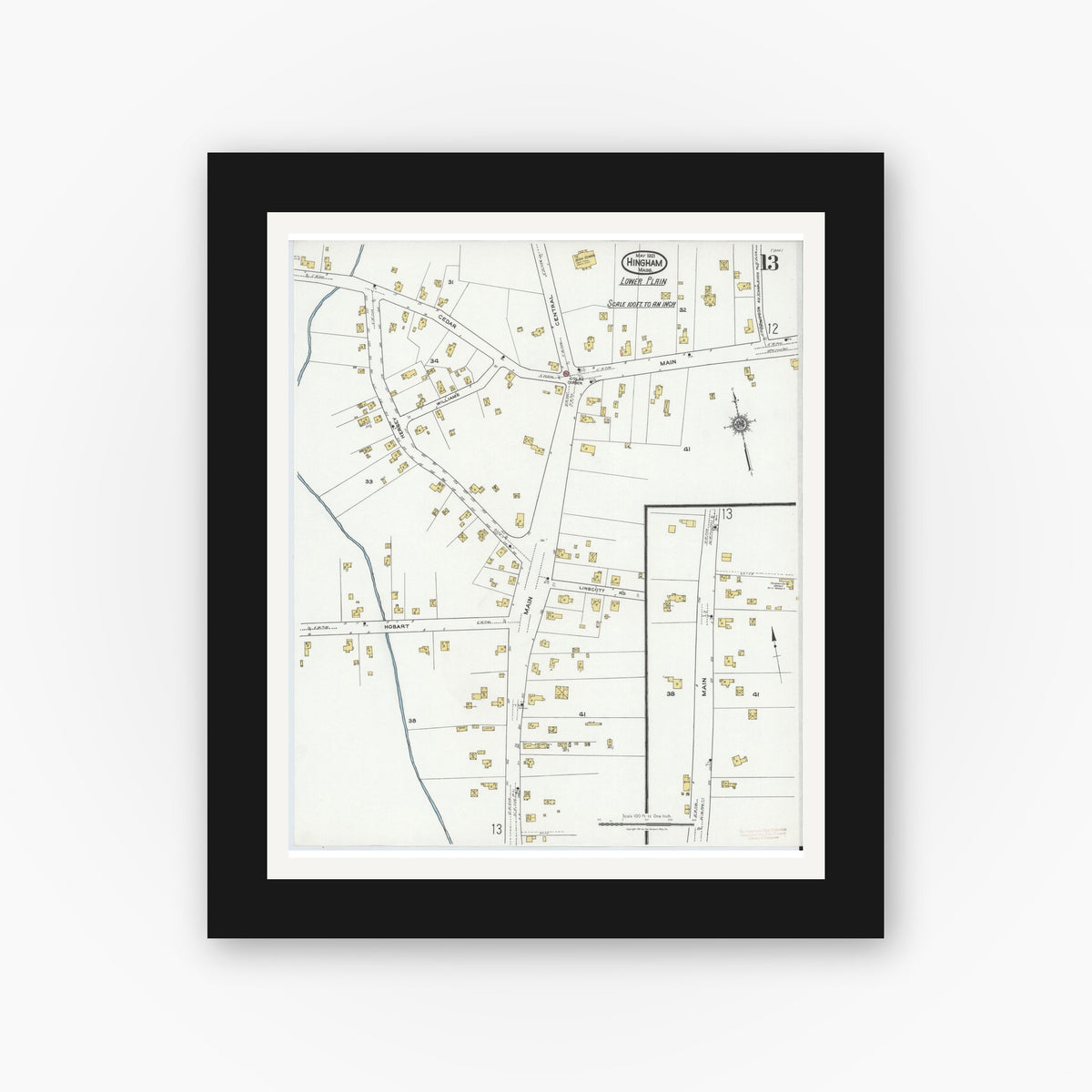 Old map wall art mockup — black gallery frame with white mat — Sanborn Fire Insurance Map from Hingham, Plymouth County, Massachusetts (1921), Sheet #0013