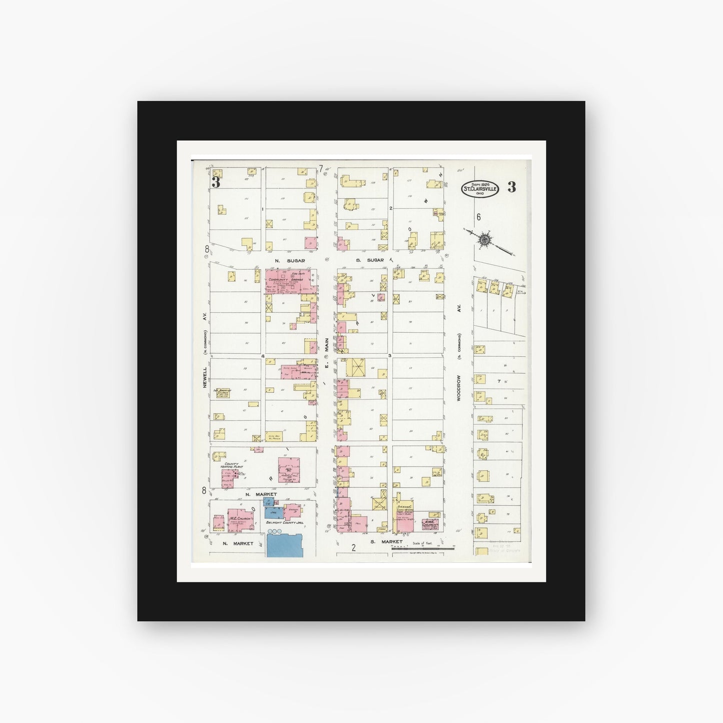 Old map wall art mockup — black gallery frame with white mat — Sanborn Fire Insurance Map from Saint Clairsville, Belmont County, Ohio (1924), Sheet #0003