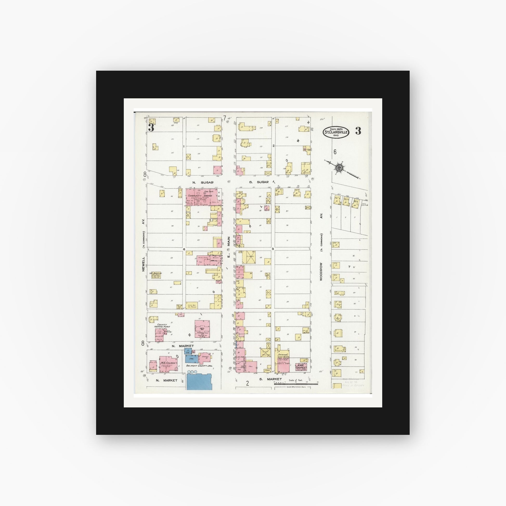 Old map wall art mockup — black gallery frame with white mat — Sanborn Fire Insurance Map from Saint Clairsville, Belmont County, Ohio (1924), Sheet #0003
