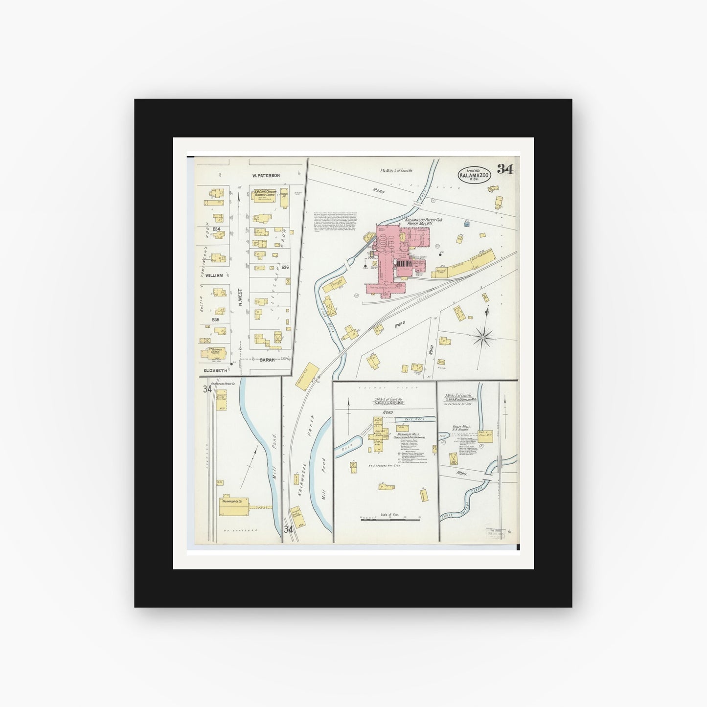 Old map wall art mockup — black gallery frame with white mat — Sanborn Fire Insurance Map from Kalamazoo, Kalamazoo County, Michigan (1902), Sheet #0034