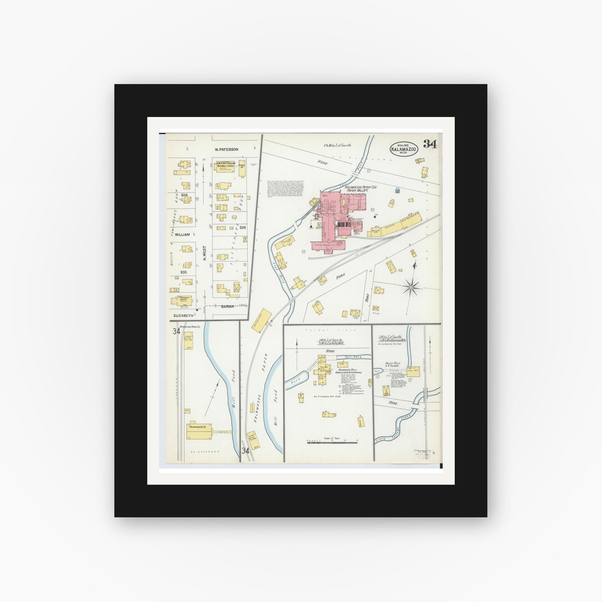 Old map wall art mockup — black gallery frame with white mat — Sanborn Fire Insurance Map from Kalamazoo, Kalamazoo County, Michigan (1902), Sheet #0034