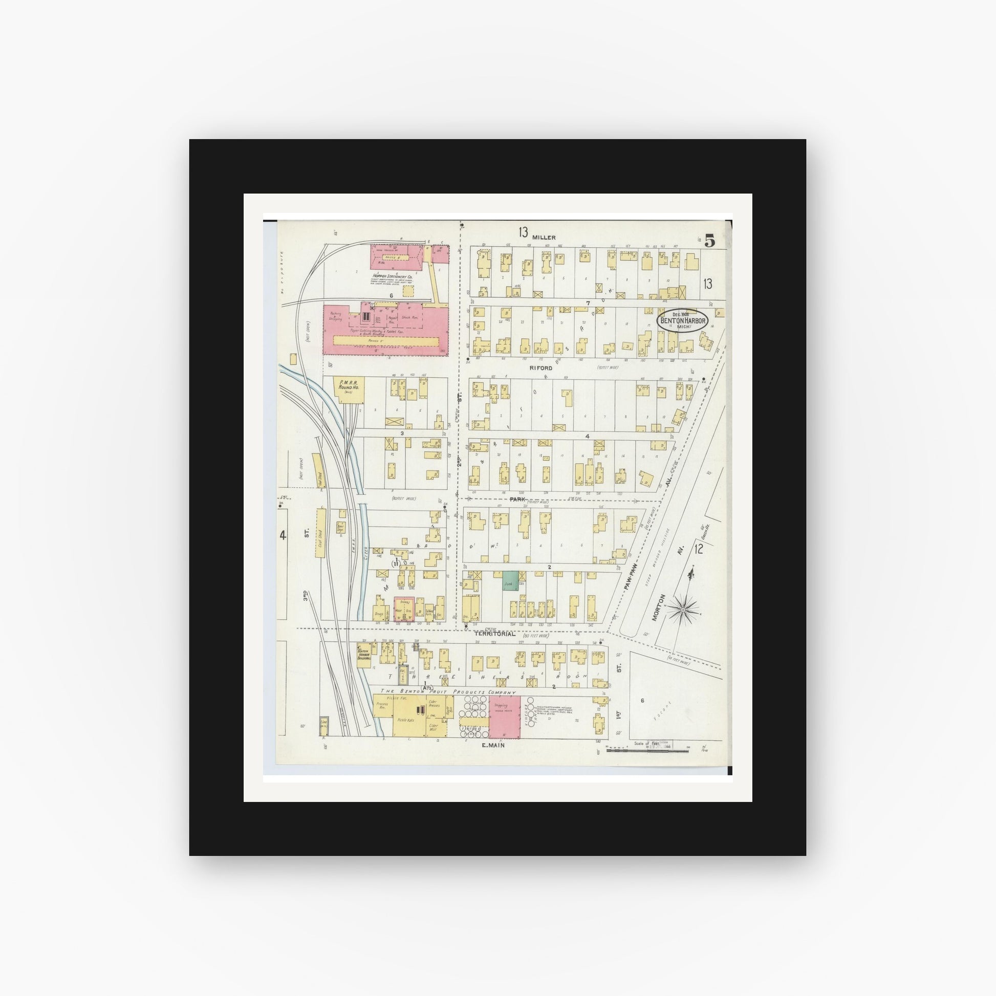 Old map wall art mockup — black gallery frame with white mat — Sanborn Fire Insurance Map from Benton Harbor, Berrien County, Michigan (1905), Sheet #0005