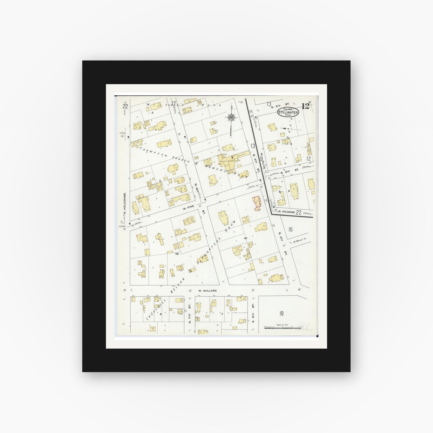Old map wall art mockup — black gallery frame with white mat — Sanborn Fire Insurance Map from Stillwater, Washington County, Minnesota (1910), Sheet #0012