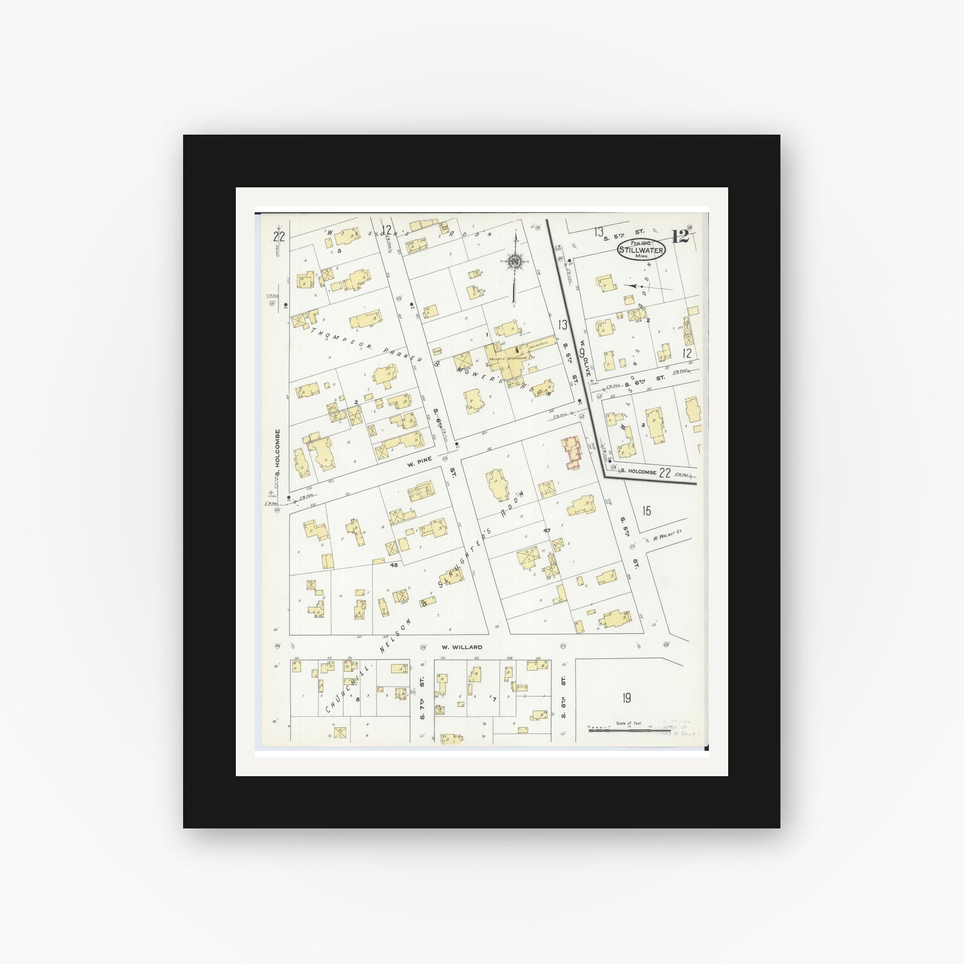 Old map wall art mockup — black gallery frame with white mat — Sanborn Fire Insurance Map from Stillwater, Washington County, Minnesota (1910), Sheet #0012