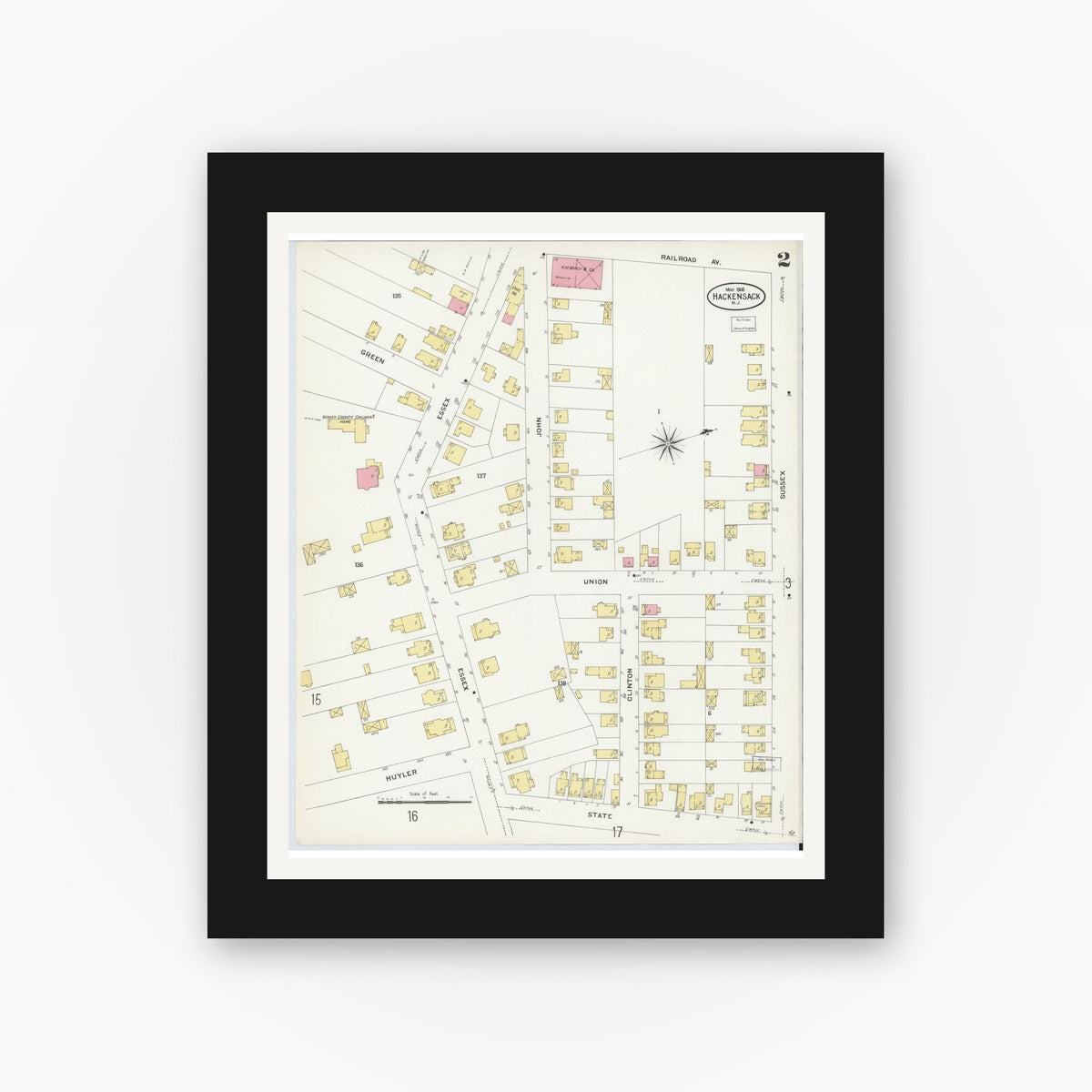 Old map wall art mockup — black gallery frame with white mat — Sanborn Fire Insurance Map from Hackensack, Bergen County, New Jersey (1908) - Complete Map Set