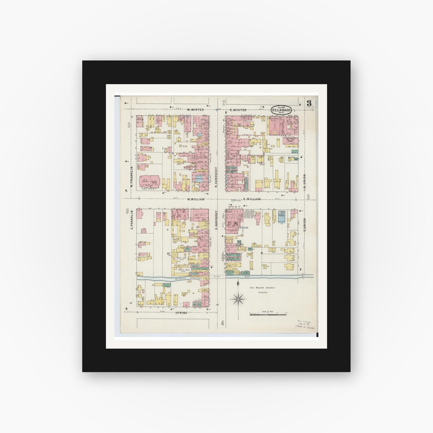 Old map wall art mockup — black gallery frame with white mat — Sanborn Fire Insurance Map from Delaware, Delaware County, Ohio (1895), Sheet #0003