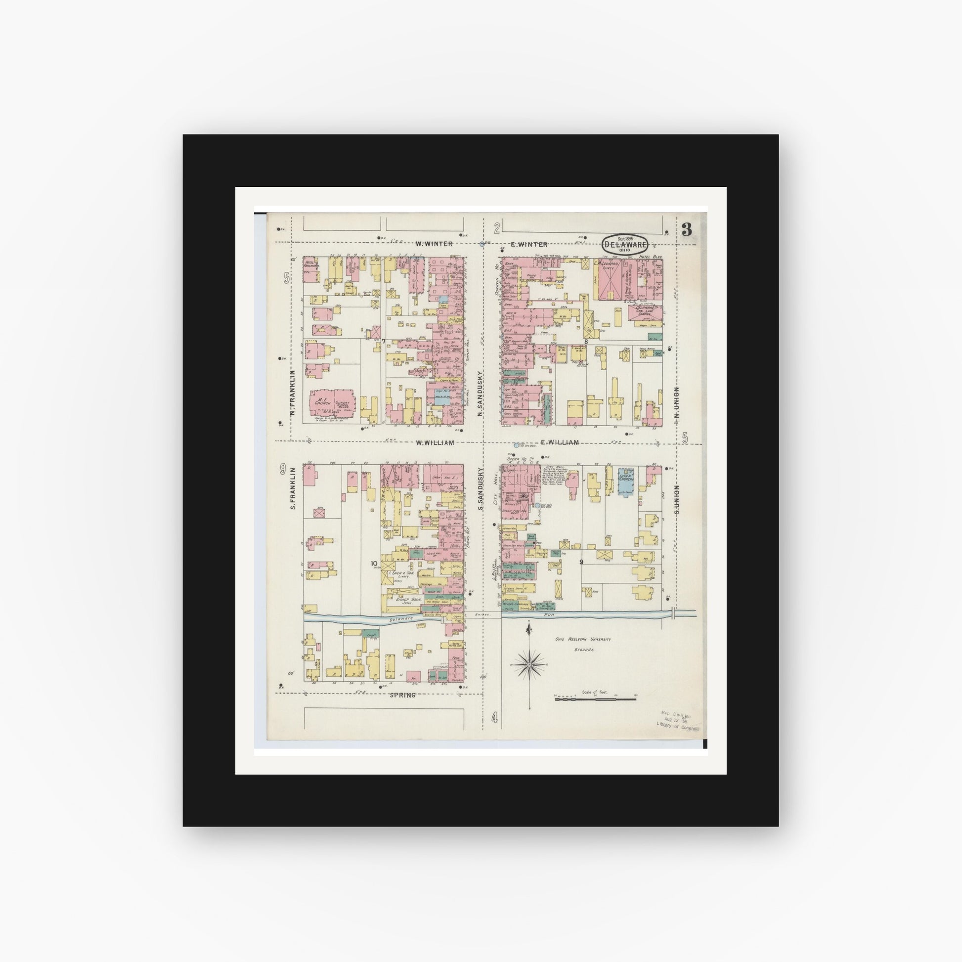 Old map wall art mockup — black gallery frame with white mat — Sanborn Fire Insurance Map from Delaware, Delaware County, Ohio (1895), Sheet #0003