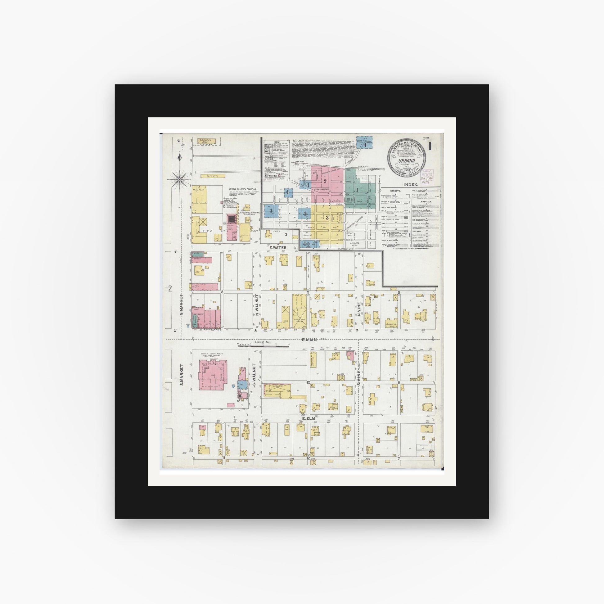 Old map wall art mockup — black gallery frame with white mat — Sanborn Fire Insurance Map from Urbana, Champaign County, Illinois (1902) - Complete Map Set