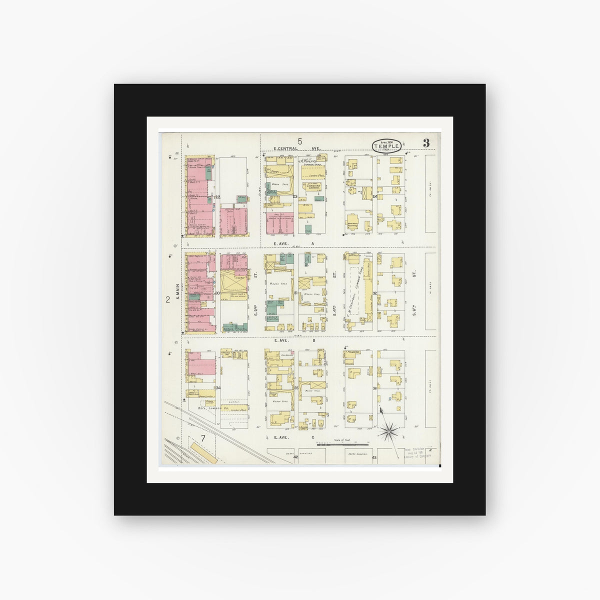 Old map wall art mockup — black gallery frame with white mat — Sanborn Fire Insurance Map from Temple, Bell County, Texas (1896), Sheet #0003
